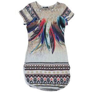 CLEO Apparel Knit Tunic Top Tribal Feather Graphic Bohemian Pattern(Q)‎
